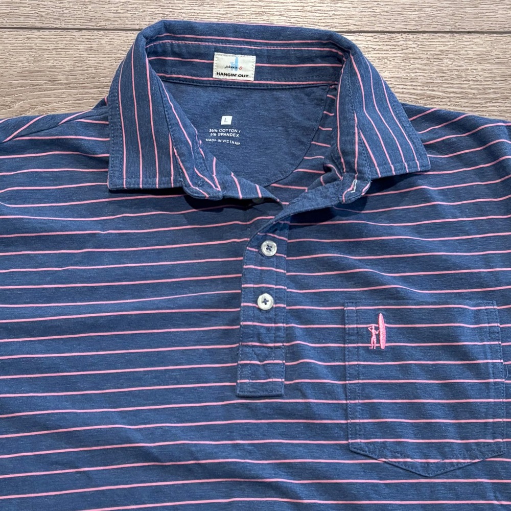 Johnnie-O Polo Mens Large Blue Pink Striped Hangin Out Preppy Casual Athletic